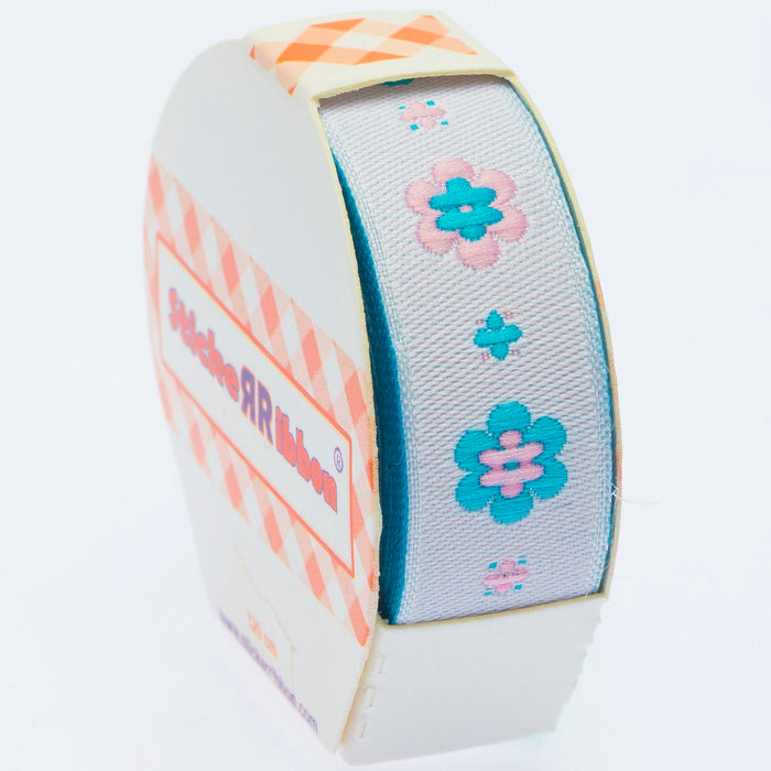 Sticker Ribbon Mavi Çiçek Baskılı Yapışkan Kurdele - SR-1690-V4